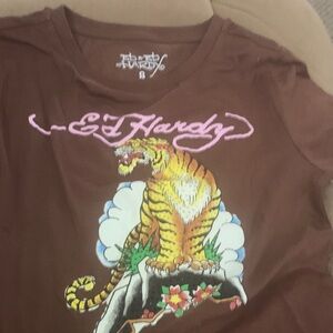 Ed Hardy Brown Tee with Yellow Tiger and Pink Script Logo